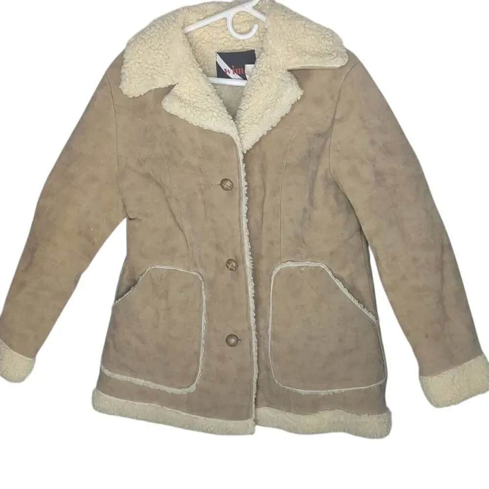 Vintage Faux Sherpa Leather Coat Vinyl Suede Womens L Large